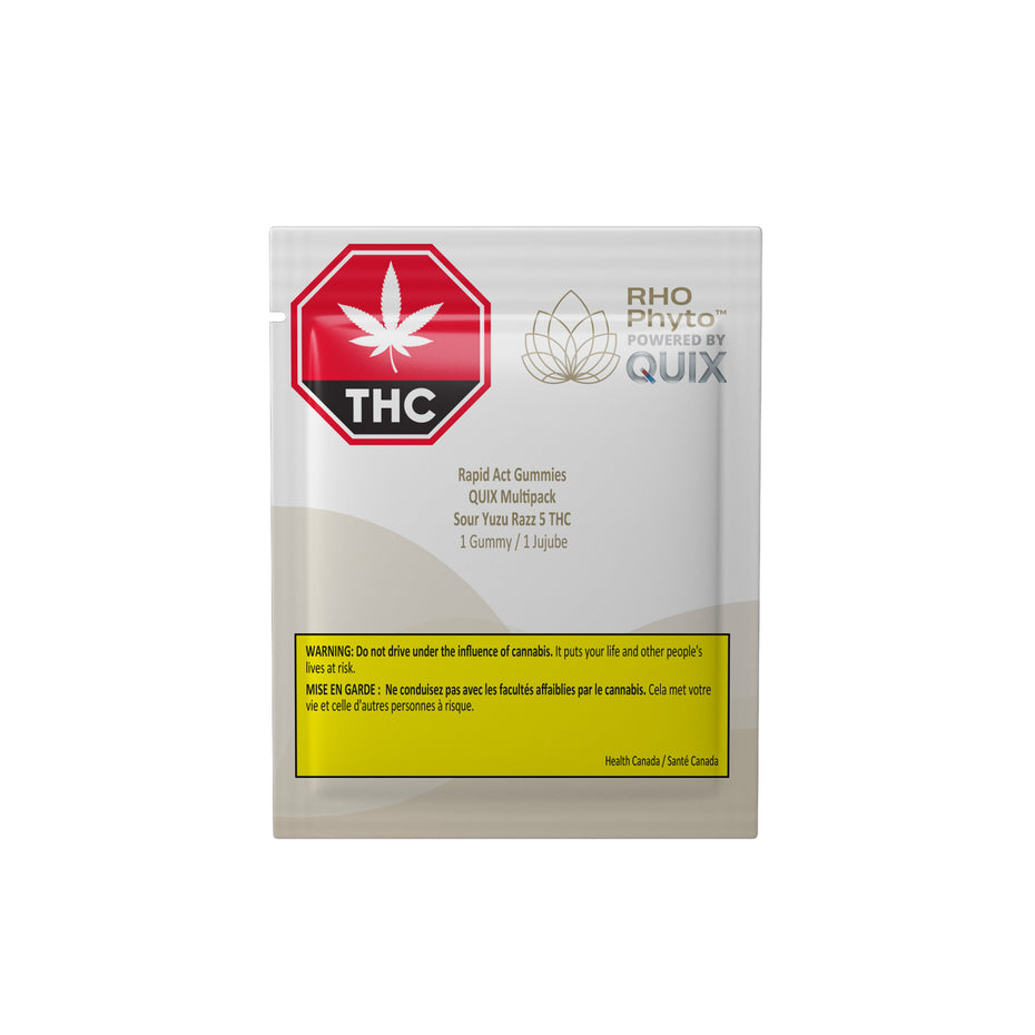 A single packet of RHO PHOTOSYNTHETIC QUIX THC Rapid Act Gummies, containing 5 gummies, shown on a plain white background.