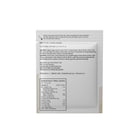 The back of a white rectangular product package showing printed text, ingredients, and nutrition facts on a plain white background.