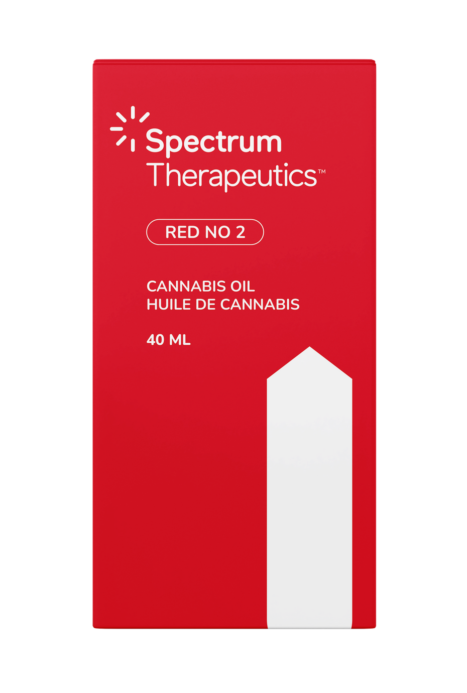 Red packaging of Spectrum Therapeutics cannabis oil with white text on a white background