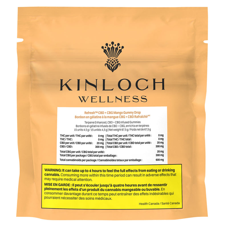 Packaging for Kinloch Wellness CBG + CBD Mango Gummy Drops 