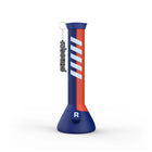 A silicone beaker-style water pipe with blue and red stripes on a blue base, featuring a glass bowl and the brand name 'Rebound' on the side.