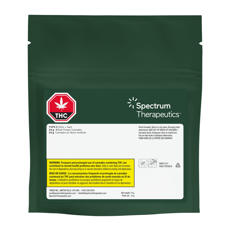A green pouch packaging of the cannabis bud