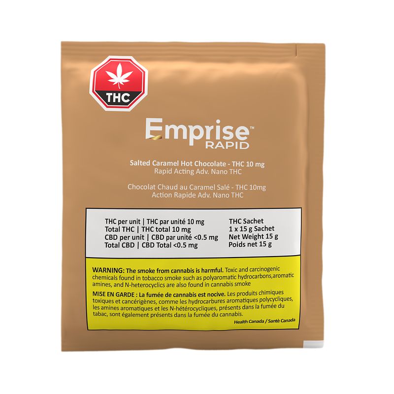 A packaged product labeled 'Emprise' with a cannabis leaf icon, indicating it is a product containing THC. The package is brown with text and a warning label.