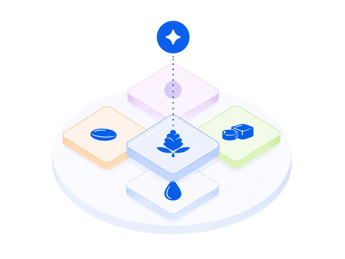 A stylized isometric graphic on a white background showing a central blue leaf icon above four colored square tiles with simple icons: a blue oval, a blue droplet, a blue soap dish, and a blue soap bar.