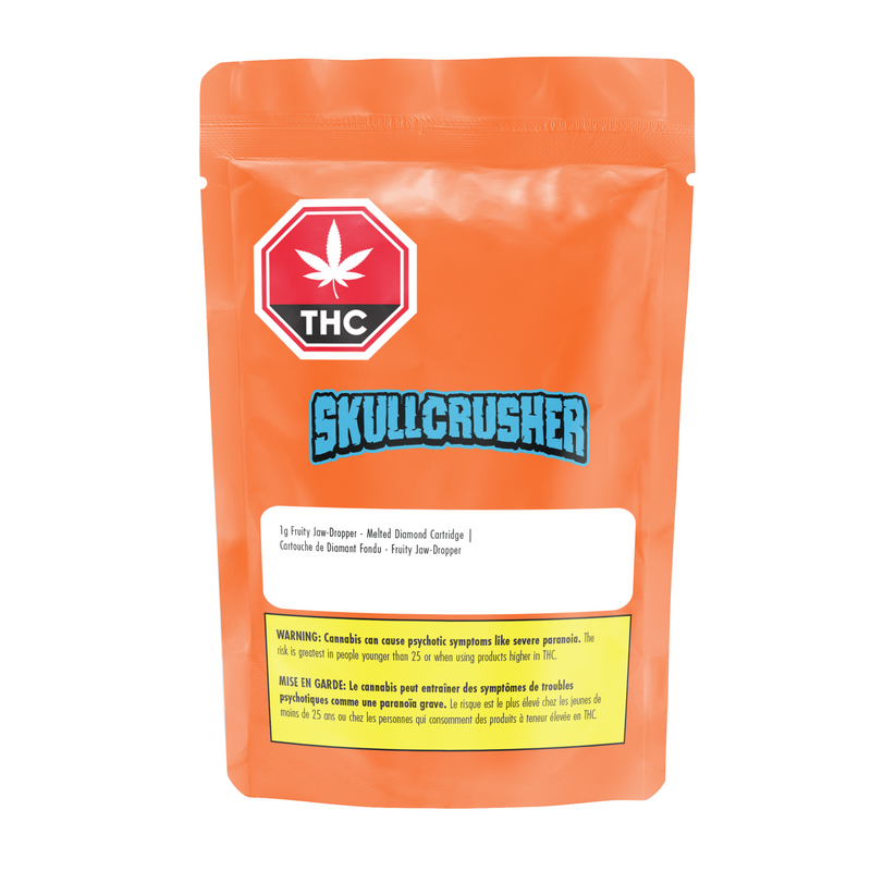 An orange stand-up pouch package labeled 'THC' with a red warning-style cannabis icon and the product name 'Skullcrusher' in large blue letters, photographed on a plain white background.