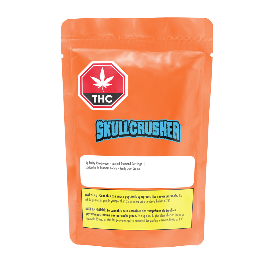 An orange stand-up pouch package labeled 'THC' with a red warning-style cannabis icon and the product name 'Skullcrusher' in large blue letters, photographed on a plain white background.