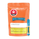 An orange stand-up pouch labeled 'THC Skullcrusher' with a small blue and clear vape pen standing beside it on a white background.