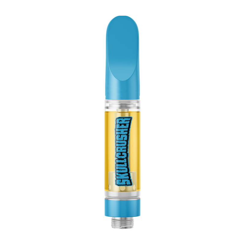 A single disposable vape pen shown vertically on a plain white background. The device has a bright blue mouthpiece and base, a clear middle section filled with yellow liquid, and the brand name 'SKULLCRUSHER' printed vertically in blue with a white outline.