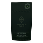 A black stand-up pouch package for Smoke Ops Orz Supreme, featuring a circular green '16+ Quality' seal at the top right and product details at the bottom, shown on a plain white background.