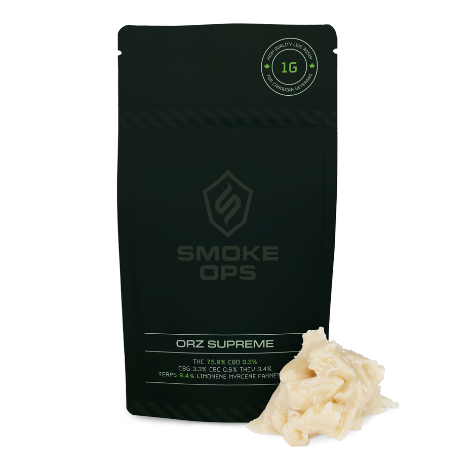 A black stand-up pouch labeled SMOKE OPS ORZ SUPREME with a small pile of pale cream-colored wax or resin in front, shown on a plain white background.