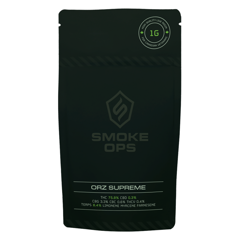 A black stand-up pouch package for Smoke Ops Orz Supreme CBD, featuring a circular '1G' purity seal at the top right and product details at the bottom, shown on a plain white background.