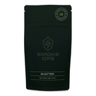 A black resealable stand-up pouch for Smoke Ops Shatter CBD, featuring a circular green and white '16+ Quality Check' seal at the top right and product details at the bottom.
