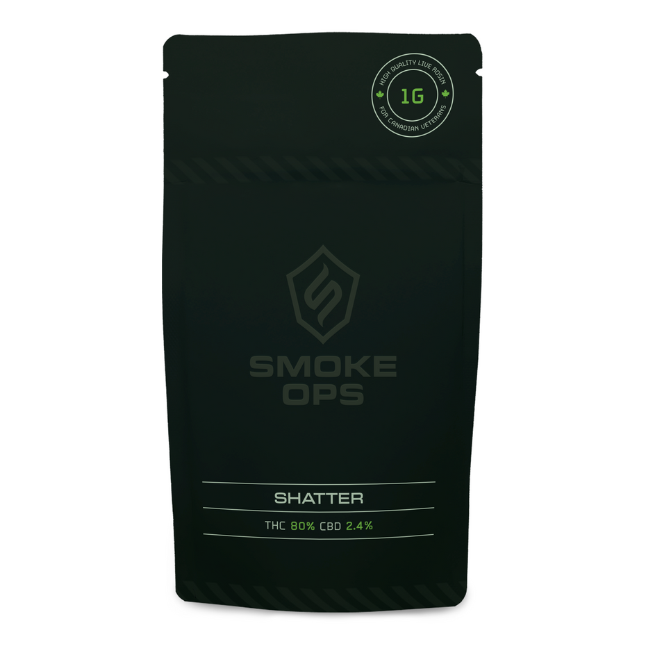 A black resealable stand-up pouch for Smoke Ops Shatter CBD, featuring a circular green and white '16+ Quality Check' seal at the top right and product details at the bottom.