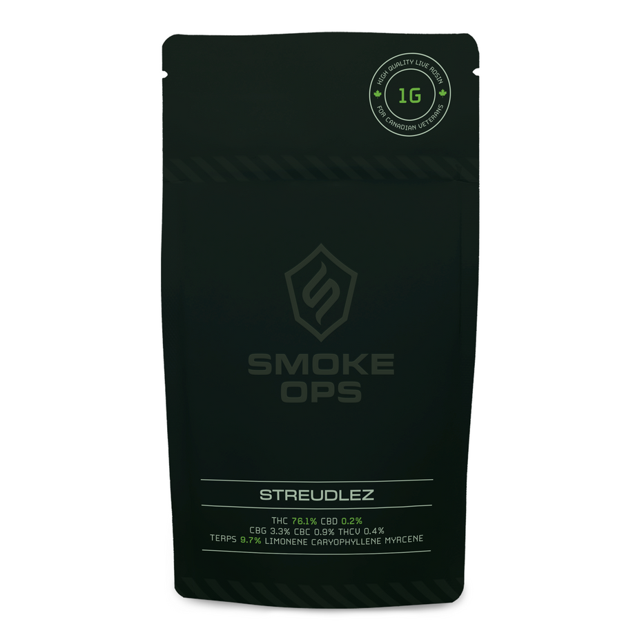 A black stand-up pouch package for Smoke Ops Streudlez, featuring a circular green and white '16+ Quality Check' seal in the top right corner and product details at the bottom, set against a plain white background.