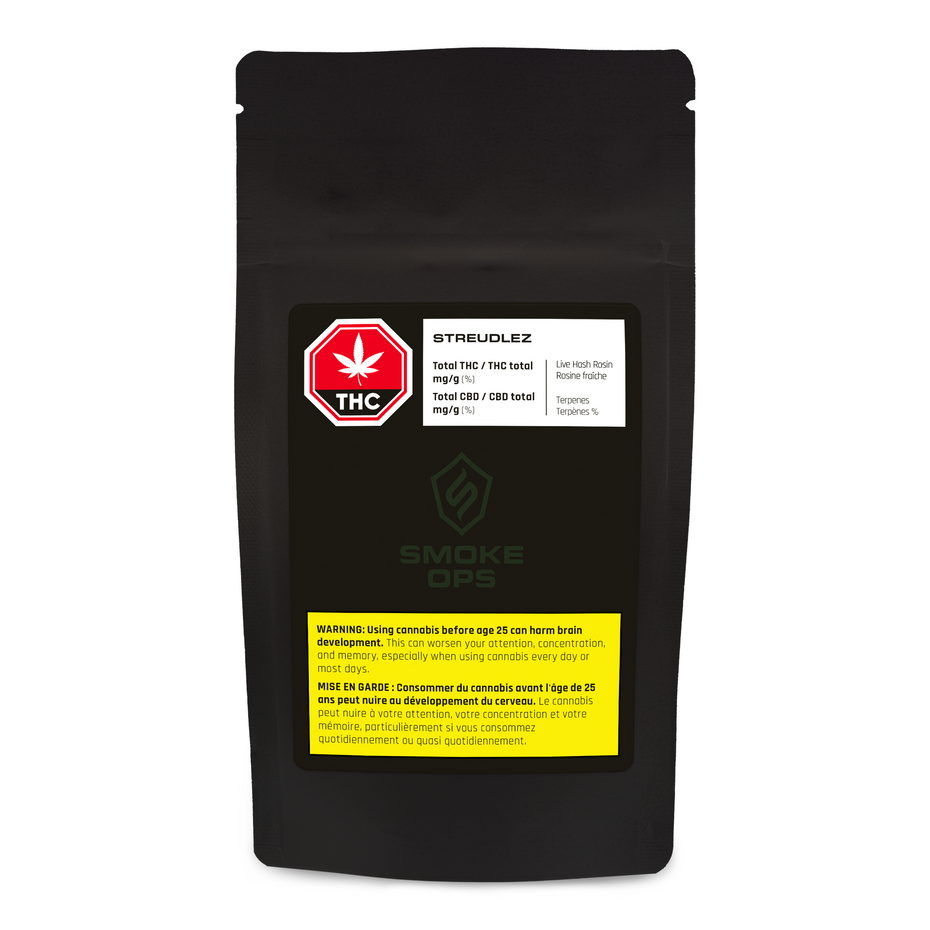 A black stand-up pouch of Smoke Ops Streudlez THC disposable vape cartridges, featuring a white and red THC warning label and a yellow warning label on a white background.