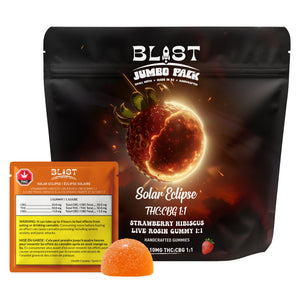 Blast Jumbo Pack gummy with Strawberry Hibiscus flavor, featuring a gummy and packaging on a white background.