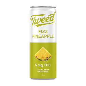 A can of Tweed Fizz Pineapple drink with a depiction of a pineapple and the indication of 5 mg THC.