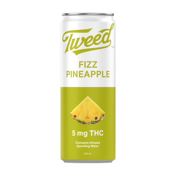 A can of Tweed Fizz Pineapple drink with a depiction of a pineapple and the indication of 5 mg THC.