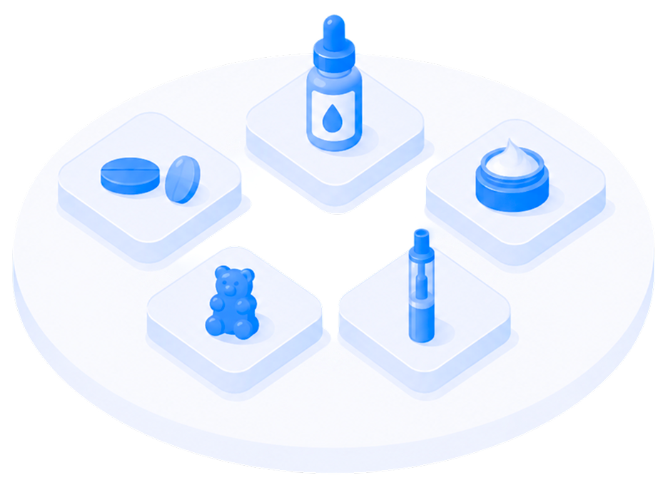 Blue isometric vector illustration of five pill and supplement containers arranged on a circular platform against a white background.