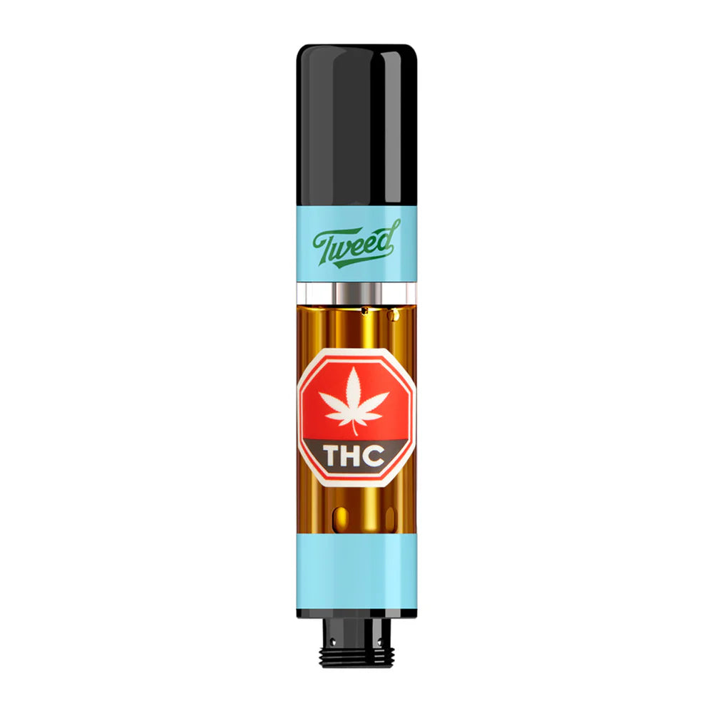Vape pen with THC label and Tweed branding on a white background