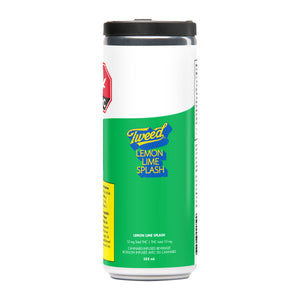 A single can of Tweed Lemon Lime Splash cannabis-infused edible bites on a plain white background. The can features a white top half, a green lower half, a black lid, and a yellow side label.