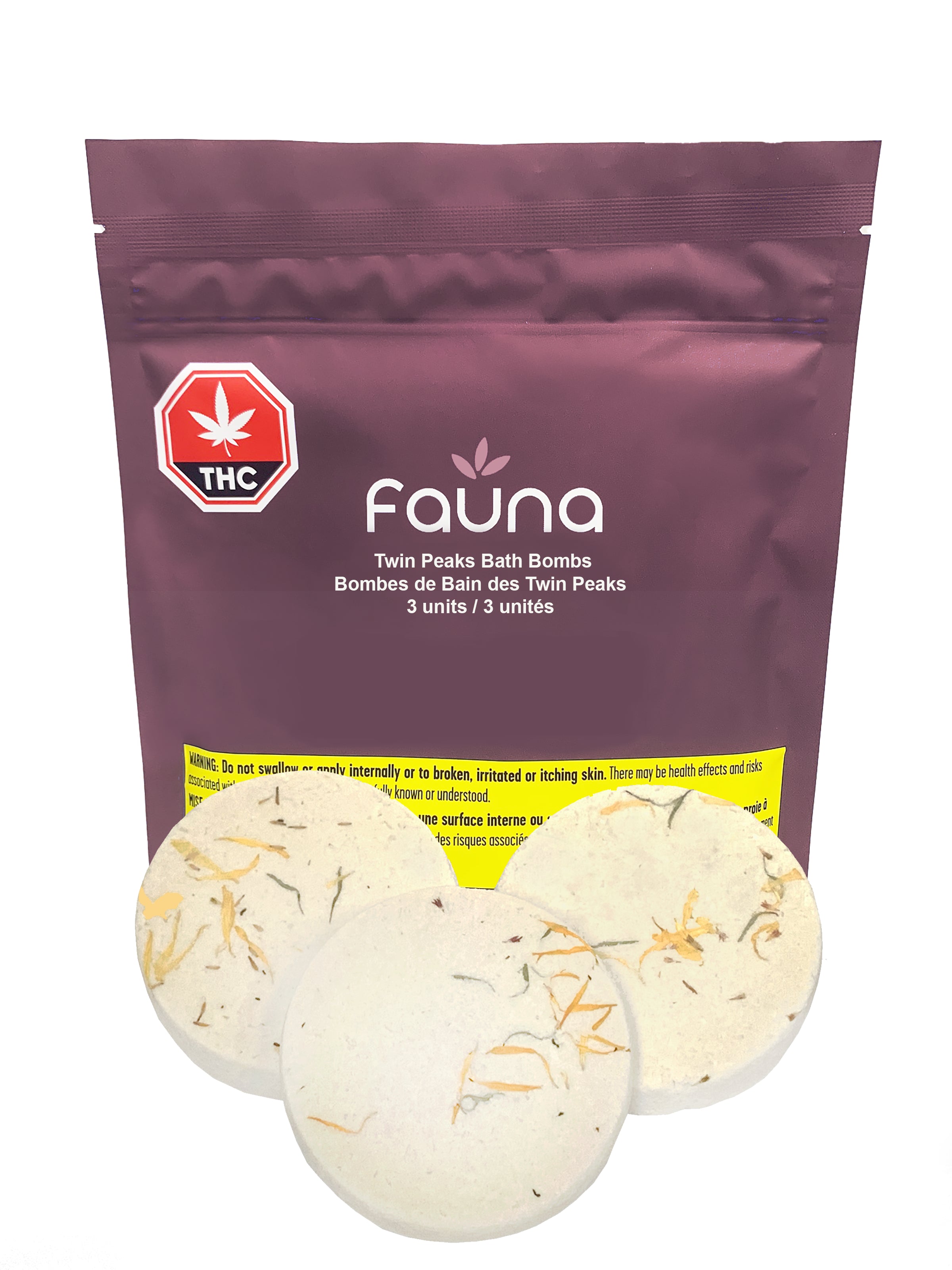 Bath bomb packaging with 'fauna' branding and THC logo on a white background