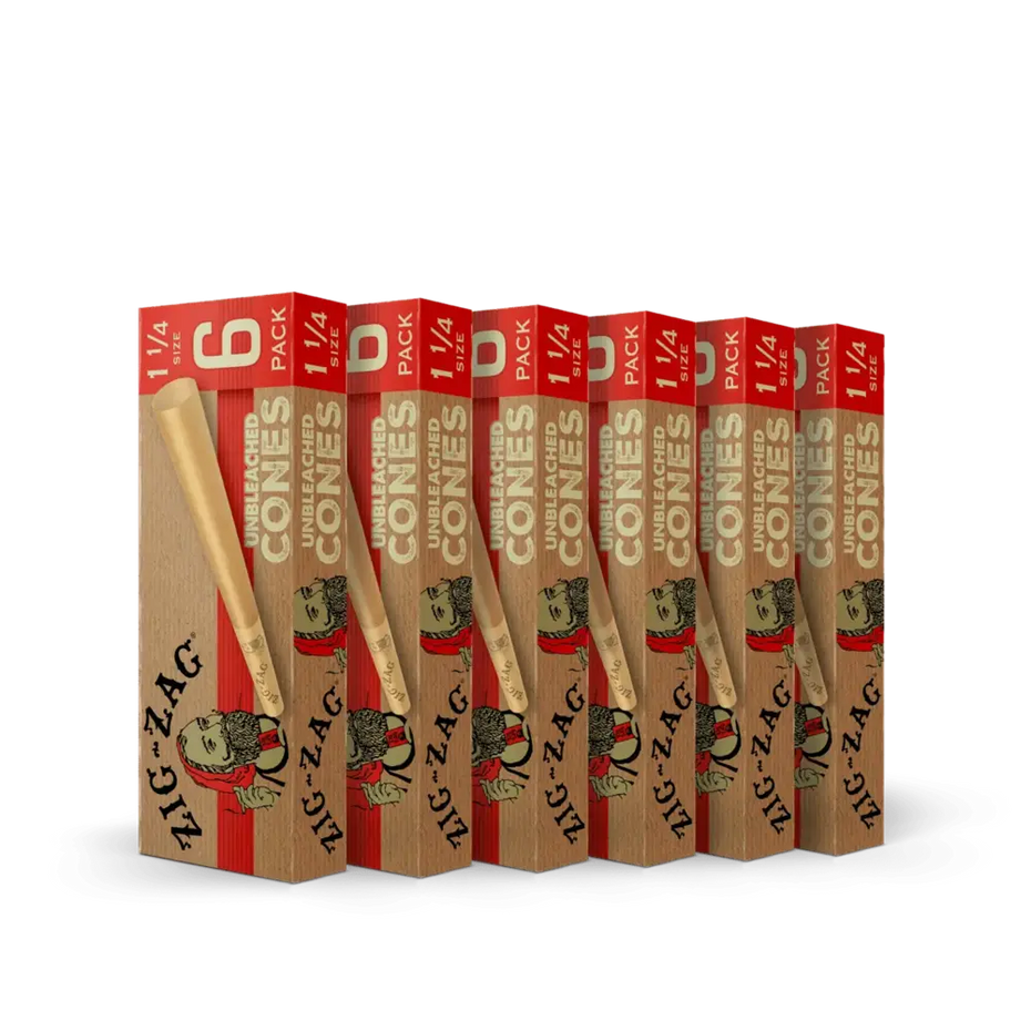 Multiple boxes of Zig-Zag unbleached rolling cones on a white background