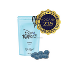 Blue raspberry gummies with a branded bag and ADCANN 2025 award on a white background