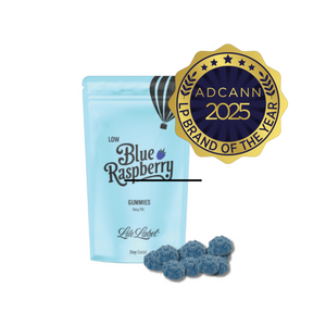Blue raspberry gummies with a branded bag and ADCANN 2025 award on a white background