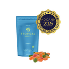 Blue package of 'Tropical Breeze' gummies with a gold ADCANN 2025 brand award on a white background