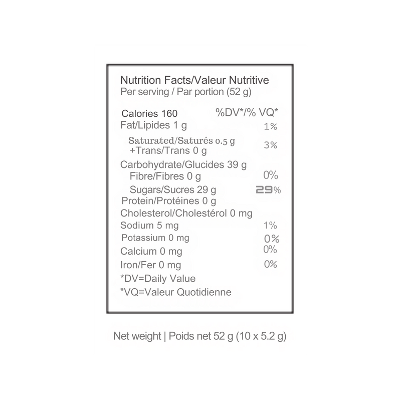 Nutrition facts label for a product with detailed calorie and ingredient information.