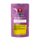 Purple packaging with THC branding and warning label on a white background