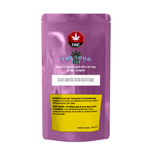 Purple packaging with THC branding and warning label on a white background