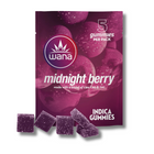 Packaging for Wana Classic CBN Midnight Berry Indica Gummies showing the product name and image of the gummies, with a background of purple grapes.