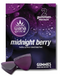 Packaging of Wana Quick CBN Midnight Berry Gummies showing the product name and count of 2 gummies per pack, with a purple and black berry-themed background.