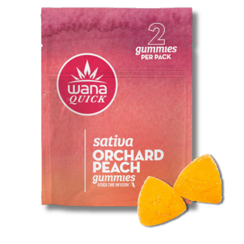 Packaging of Wana Quick Orchard Peach Gummies with two gummies displayed in front.