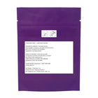 Purple packaging with a white label containing text and product information.