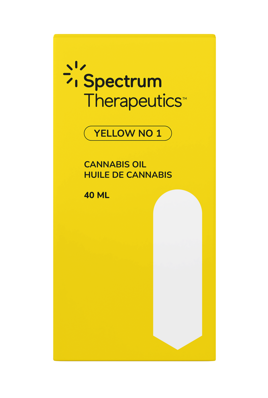Yellow packaging of Spectrum Therapeutics cannabis oil with a white window