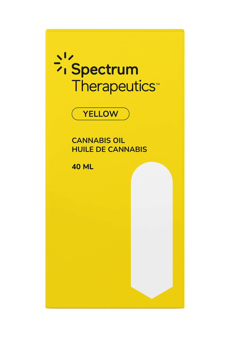 Yellow packaging of Spectrum Therapeutics cannabis oil with a white window.