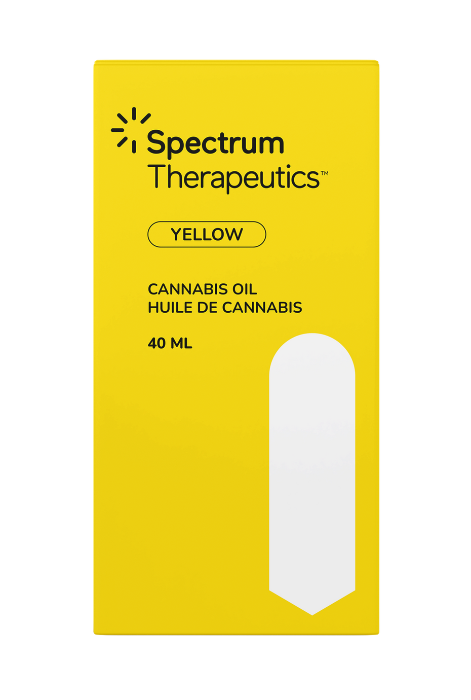 Yellow packaging of Spectrum Therapeutics cannabis oil with a white window.