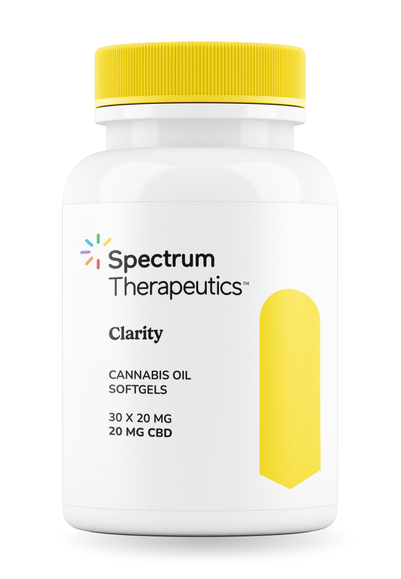 Spectrum Therapeutics Clarity cannabis oil softgels bottle on a white background