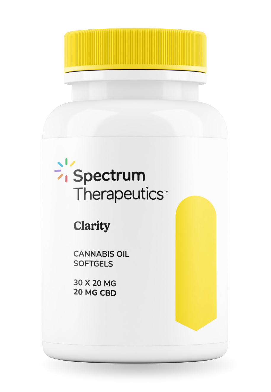 Spectrum Therapeutics Clarity cannabis oil softgels bottle on a white background