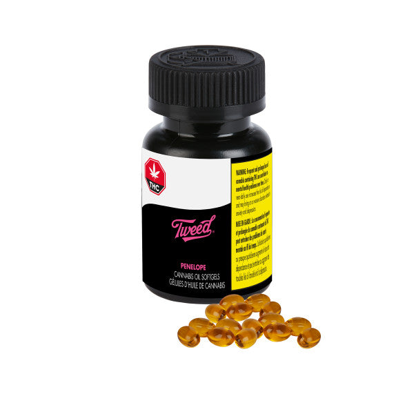 Bottle of Tweed cannabis softgels with yellow capsules on a white background