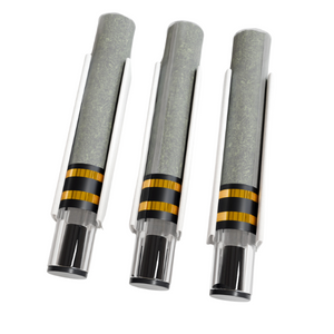 Three pre-rolled joints with glass tips, against a white background, with branding that includes a yellow and black stripe.