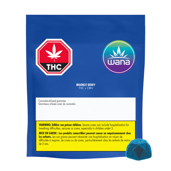 Wana cannabis-infused gummies packaging with THC warning label on a blue background