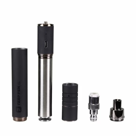 Boundless Terp Pen XL disassembled, showing the main battery unit, outer sleeve, coil housing, heating coil, and mouthpiece connector.