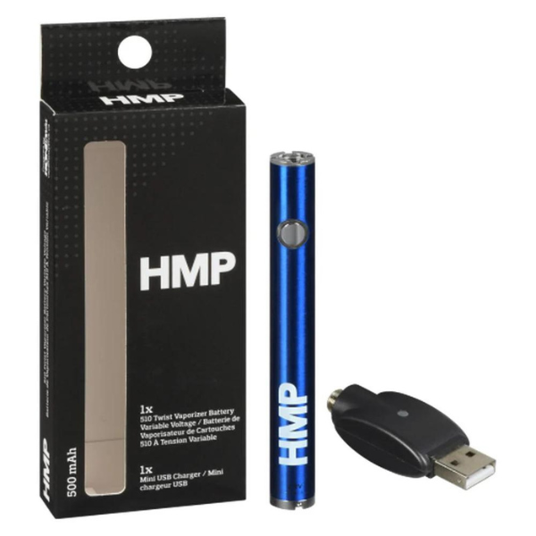 The image shows a black 510 Thread Variable Voltage Twist Battery in blue with its packaging and USB charger.