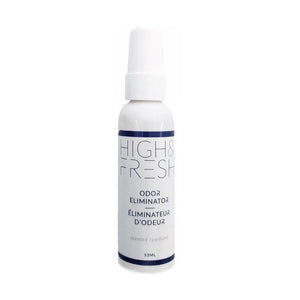 A white spray bottle labeled 'High & Fresh Odour Eliminator' with blue and silver text detailing the product's purpose and volume (50ml).