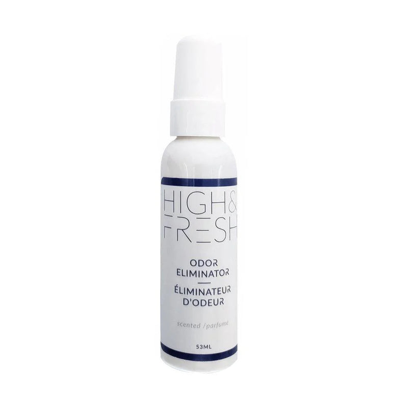 A white spray bottle labeled 'High & Fresh Odour Eliminator' with blue and silver text detailing the product's purpose and volume (50ml).