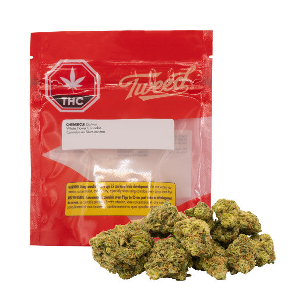 Red package labeled 'Tweet' with cannabis buds on a white background